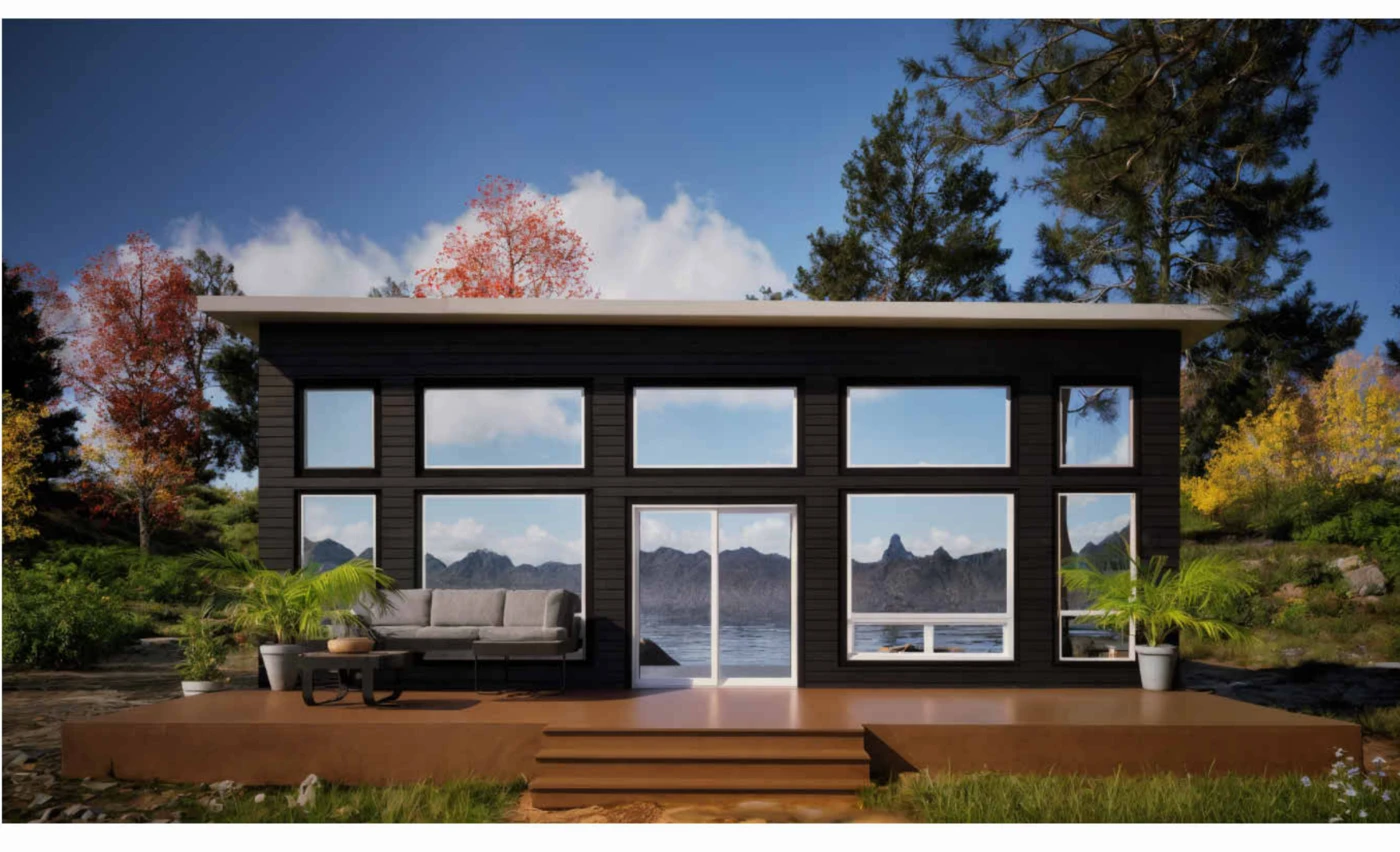 Front exterior visualization — Compact residence.