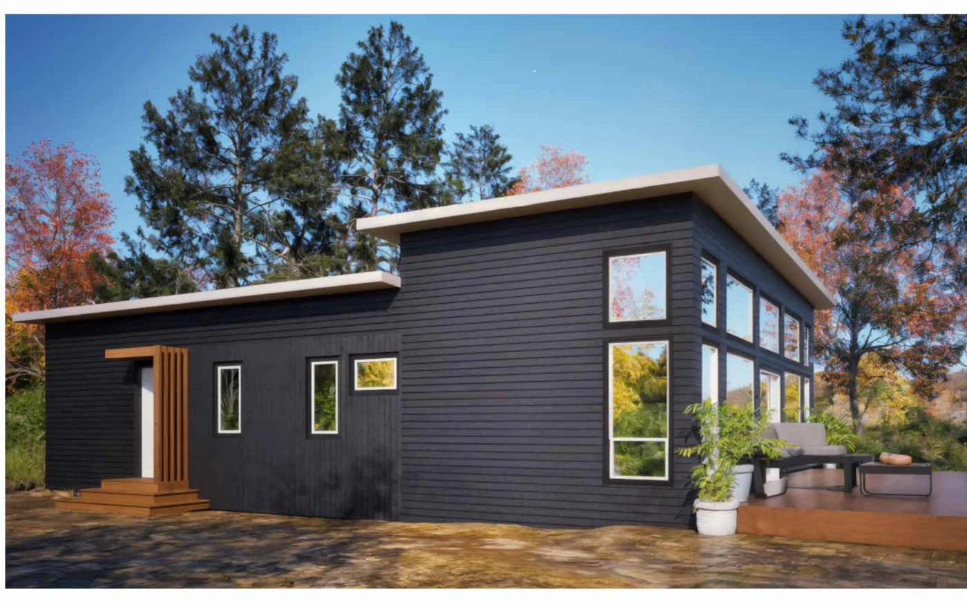 Rear exterior visualization — Compact residence.