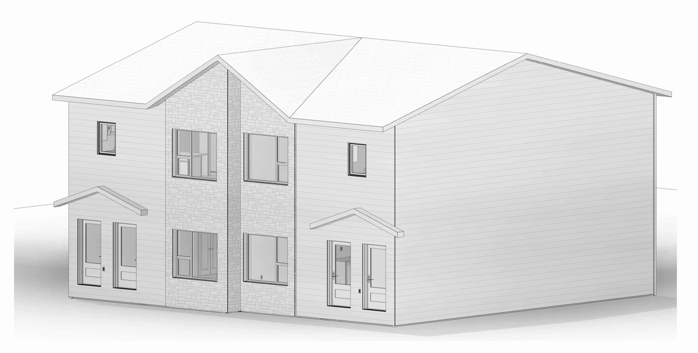 Exterior model view — Fourplex residence.