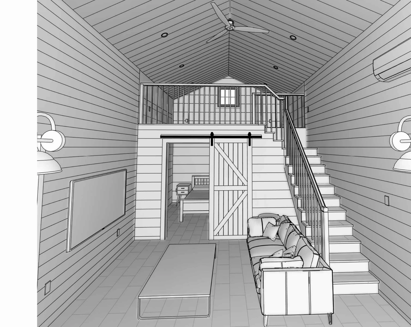 Interior and stair view — Loft cottage & workshop.