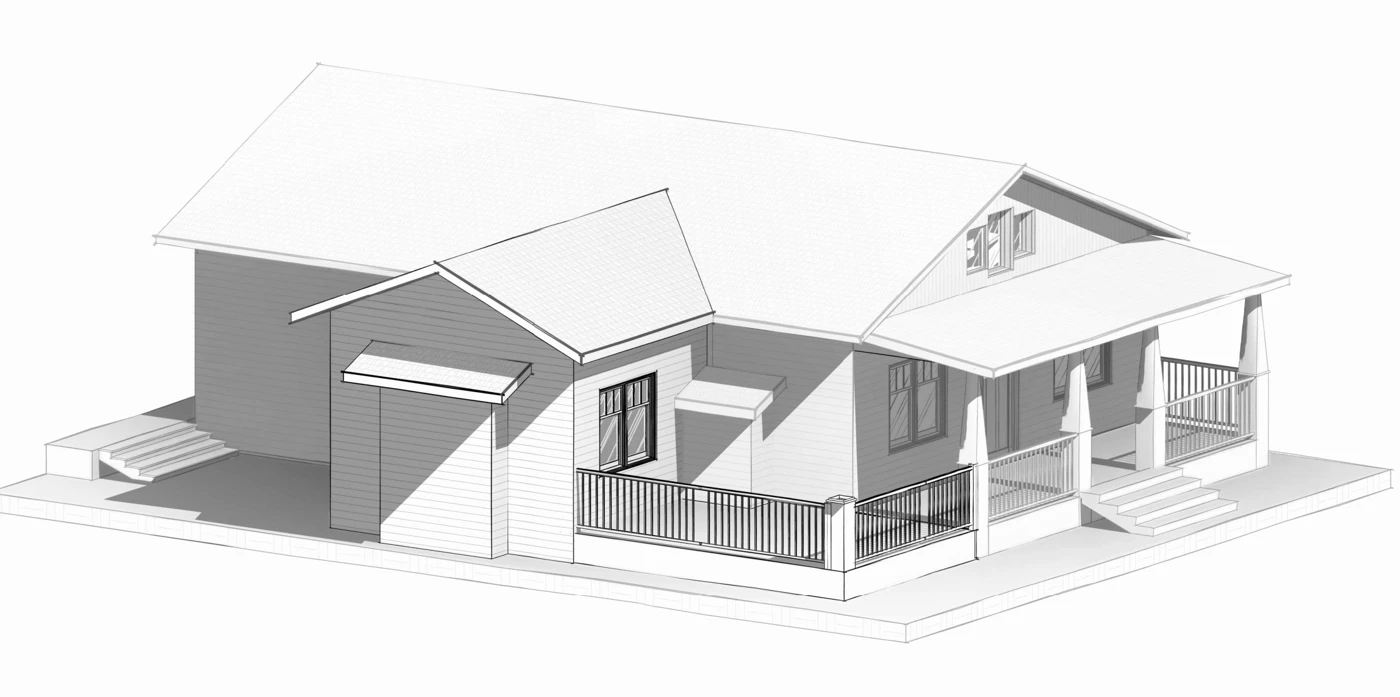 Exterior model view — Residential addition.