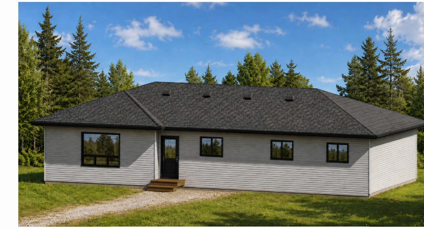 Exterior visualization — Single-storey modular residence.